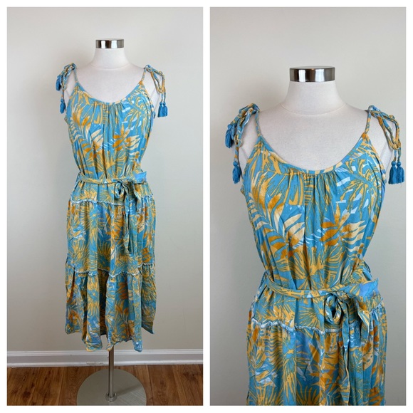 Blue Island Blue Orange Tropical Floral Maxi Bohemian Dress Women Large - Picture 1 of 8